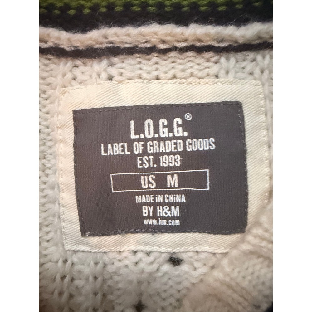 LOGG H&M Mens Wool Blend V-Neck Varsity Stripe Cable Knit Sweater Cream M Preppy - Picture 10 of 12